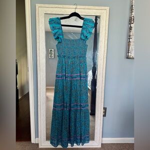 Cleobella Marilyn Teal and Lavender Smocked Maxi Dress Sundress Medium
